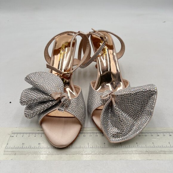 Milooey shoes Gold Glitter Rhinestone Bow Crystal Ankle Strap High Heels Sandal - Picture 3 of 8